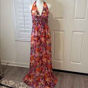 Nordstrom formal lurex silk halter v-neck open back gown with embellished belt 6